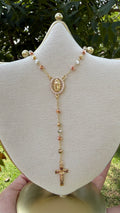 Rosario Virgen + zirconias 3 colores. Laminado en oro 14k