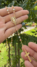 Rosario Virgen + zirconias 3 colores. Laminado en oro 14k