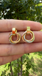 Aretes círculos entrelazados 3 colores. Laminado en oro 14k