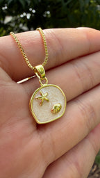 Collar marino estrellita + conchita (fondo glitter). Laminado en oro 14k